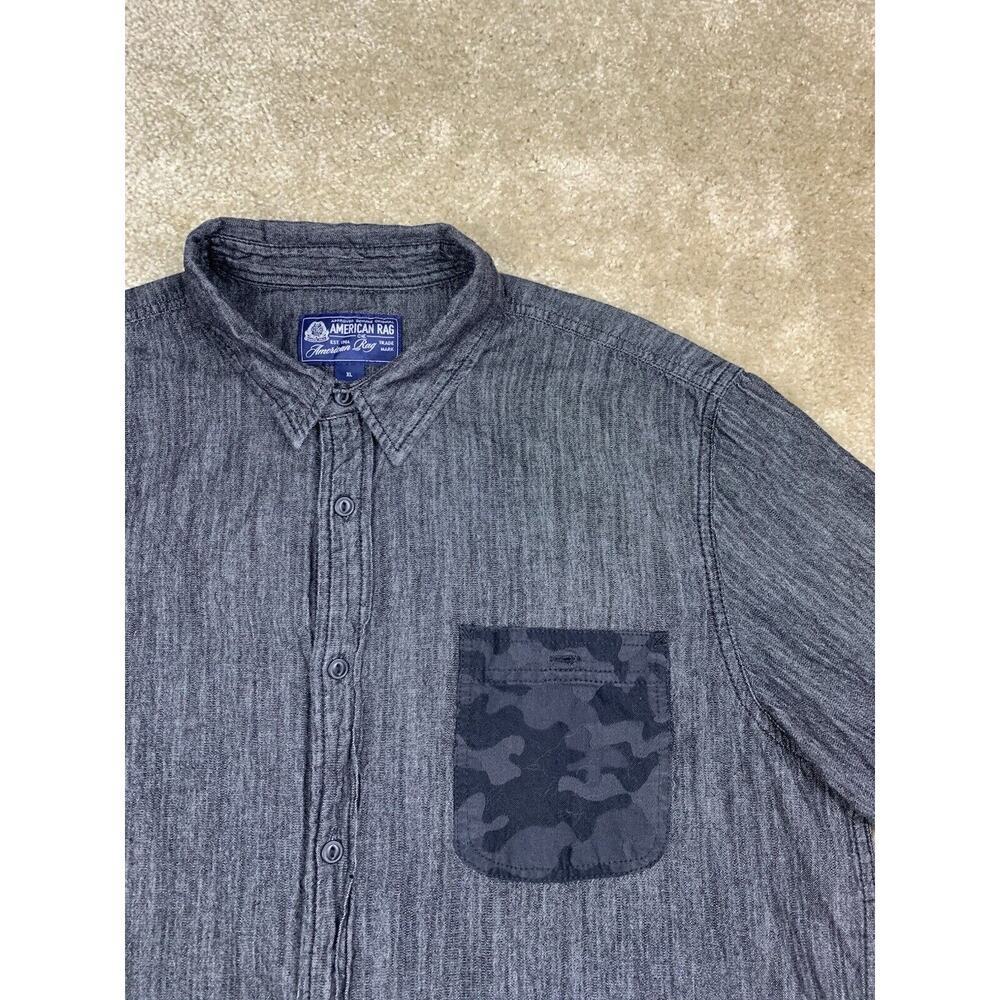 American Rag Medium Short Sleeve Shirt Button Down Gray Chambray Camo Pocket 727
